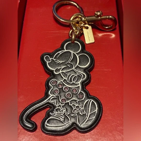 COACH x DISNEY Supple Leather Minnie Mouse Bag Charm Keychain Key Fob NEW NWT - Picture 2 of 14